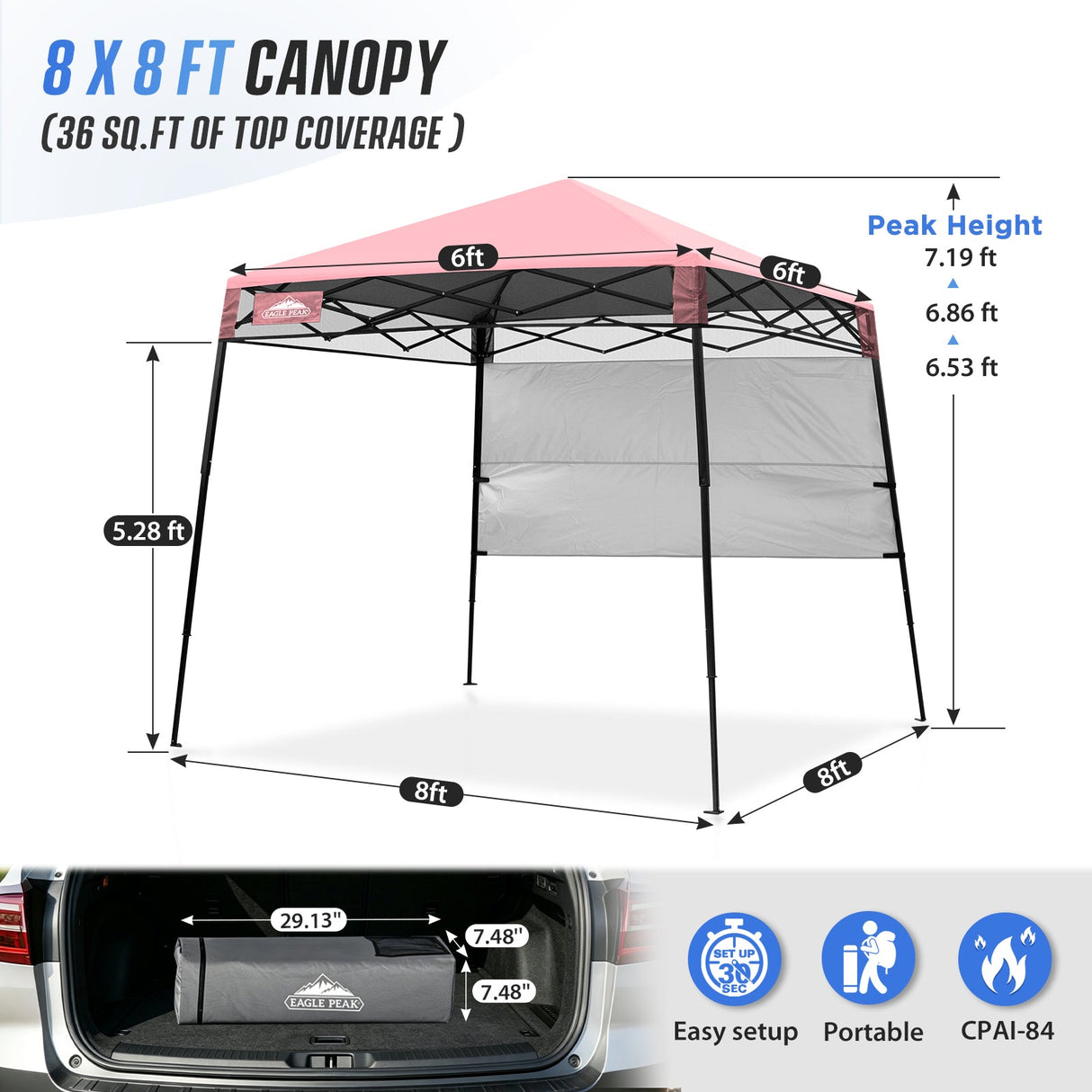 8x8 Pop Up Canopy Tent with Sidewall,8x8 Base 6x6 Top - Eagle Peak®