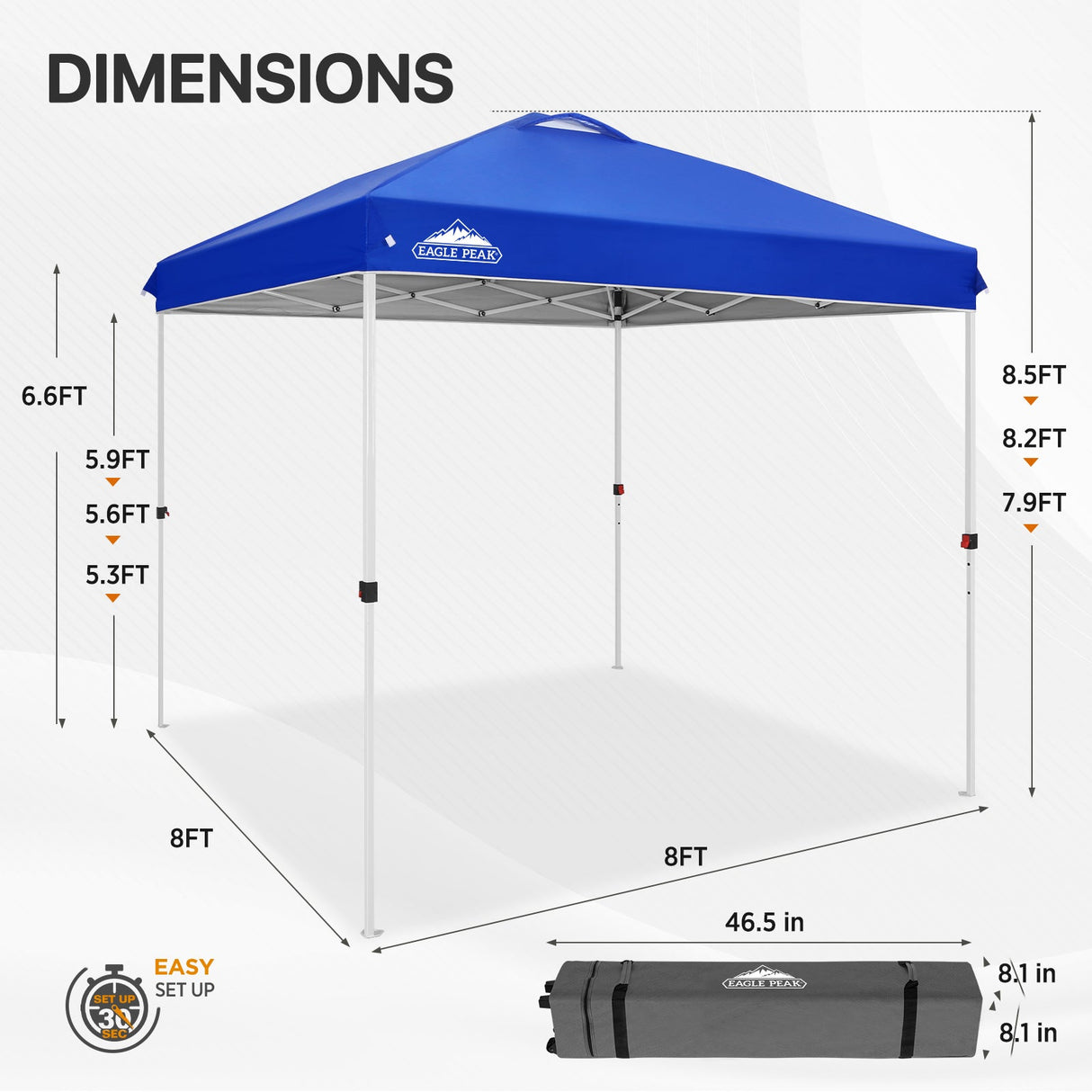 8x8 Pop Up Straight Leg Canopy with Wheeled Bag - Eagle Peak Custom Canopy Tent