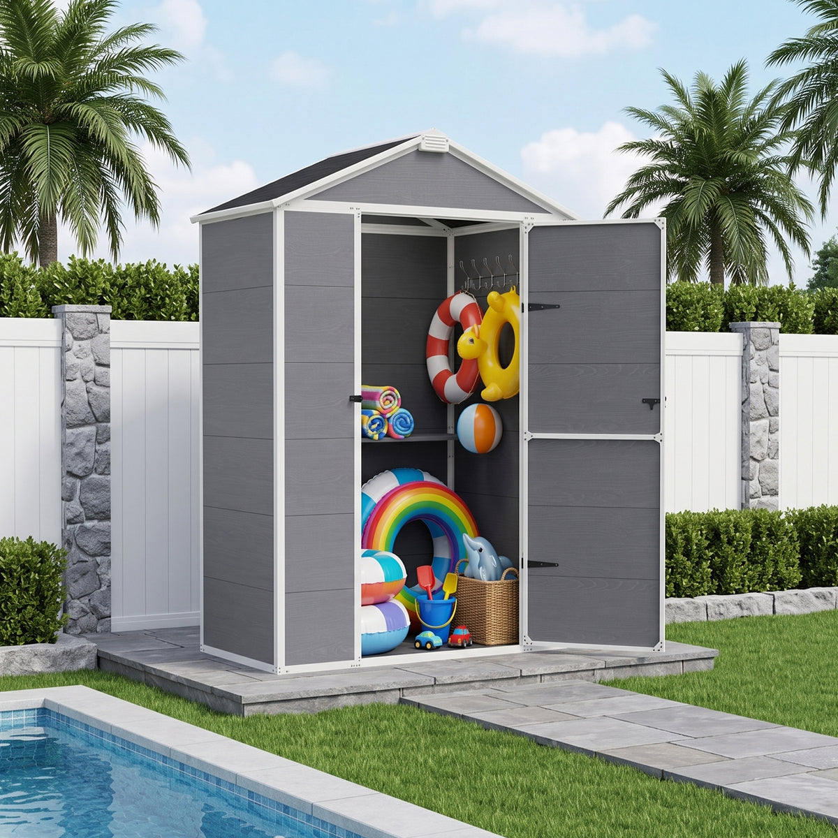 5x3/6x4/6x8/8x8/10x8 Resin Outdoor Storage Shed with Floor, Gray