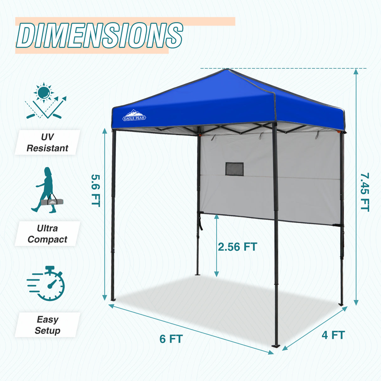 EAGLE PEAK Instant Pop Up Canopy with Adjustable Sun Wall 6x4 ft, Straight Lightweight Compact Portable Tent with Carry Bag - Eagle Peak Canopy and Outdoor Products