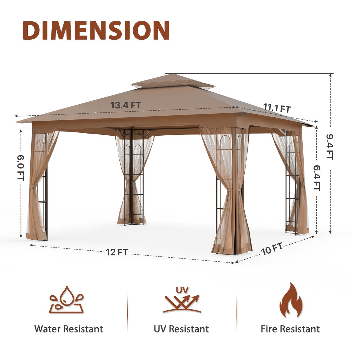 Patio Soft Top Gazebo with Mosquito Netting 13x11 at Top, 12x10 Footprint