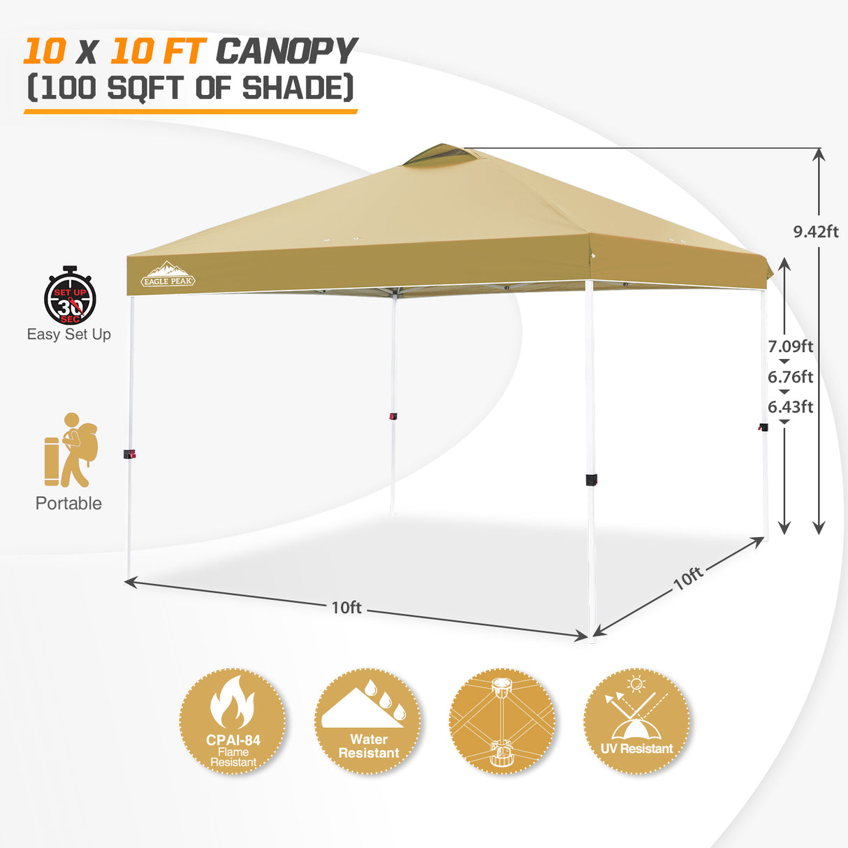 Easy Setup Straight Leg 10x10 Pop Up Canopy Tent w/ 100 sqft of Shade