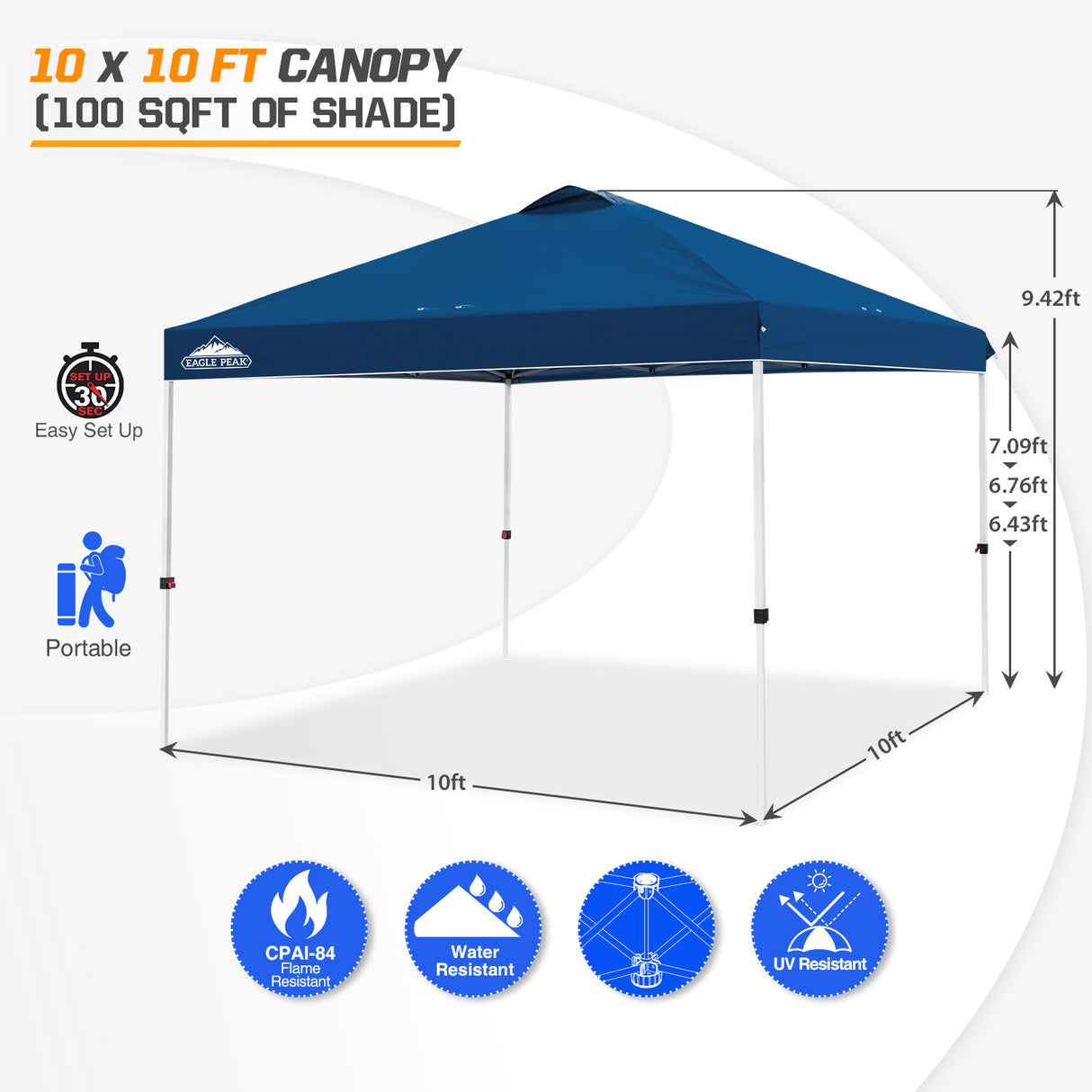 Easy Setup Straight Leg 10x10 Pop Up Canopy Tent w/ 100 sqft of Shade