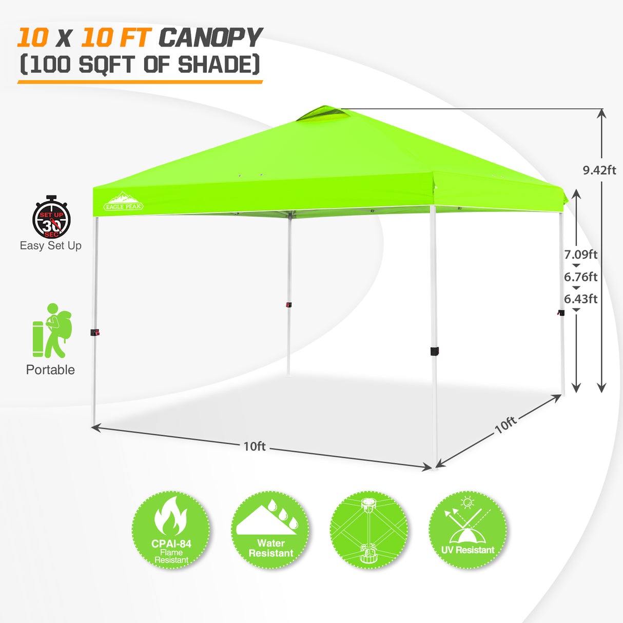 EAGLE PEAK E100/O100 Easy Setup 10x10 Straight Leg Pop Up Canopy Tent with 100 Sqft of Shade