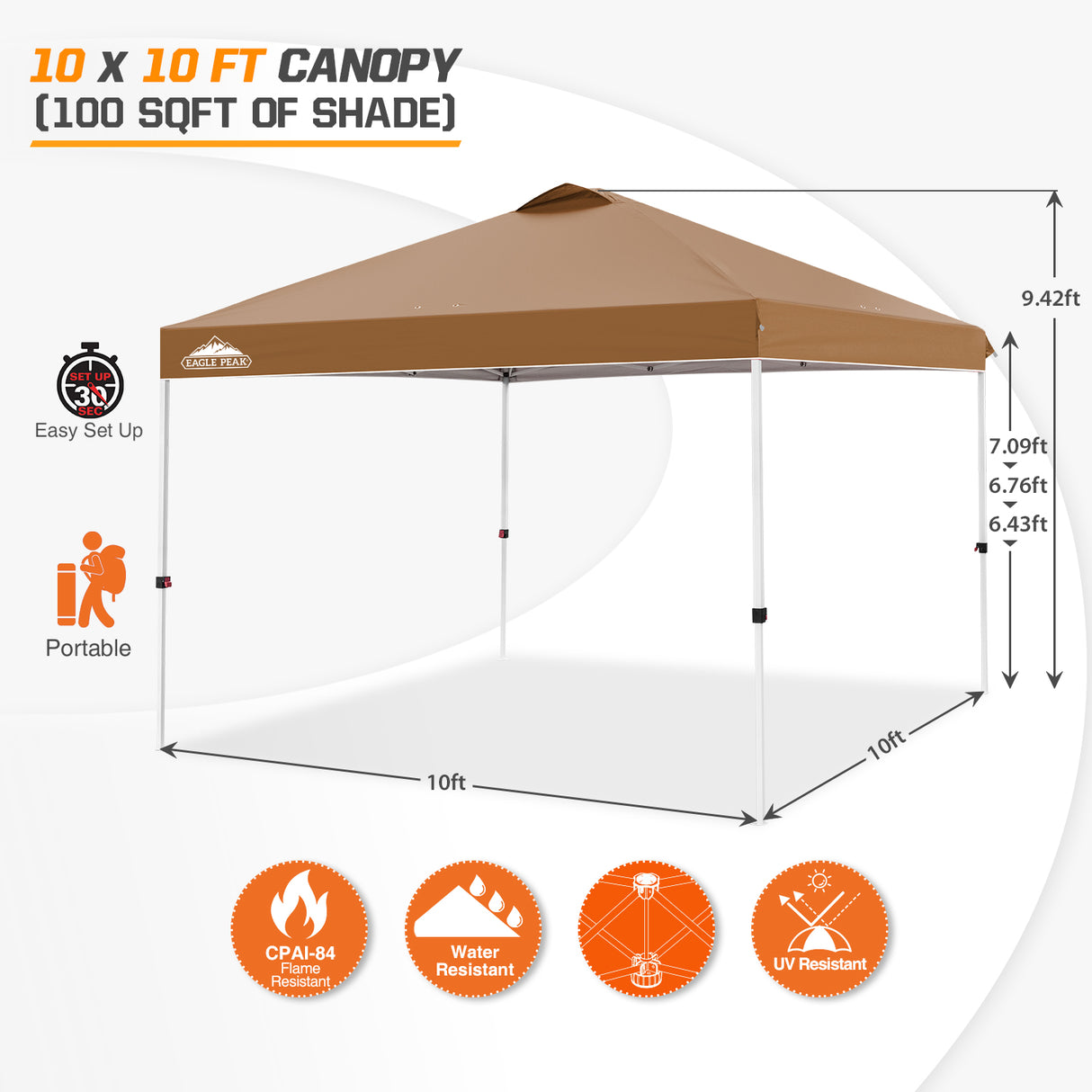 Easy Setup Straight Leg 10x10 Pop Up Canopy Tent w/ 100 sqft of Shade