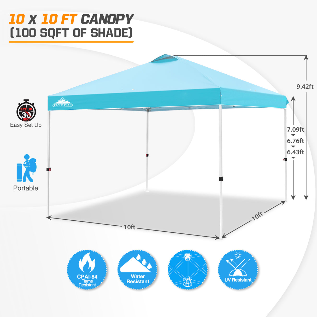 EAGLE PEAK E100/O100 Easy Setup 10x10 Straight Leg Pop Up Canopy Tent with 100 Sqft of Shade