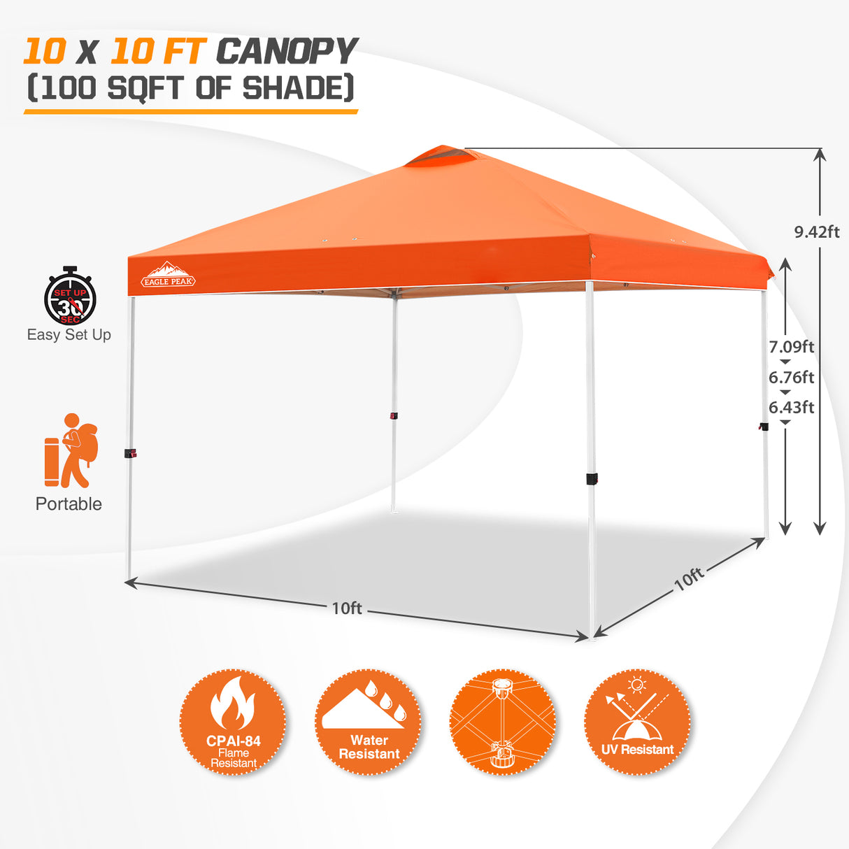 EAGLE PEAK E100/O100 Easy Setup 10x10 Straight Leg Pop Up Canopy Tent with 100 Sqft of Shade