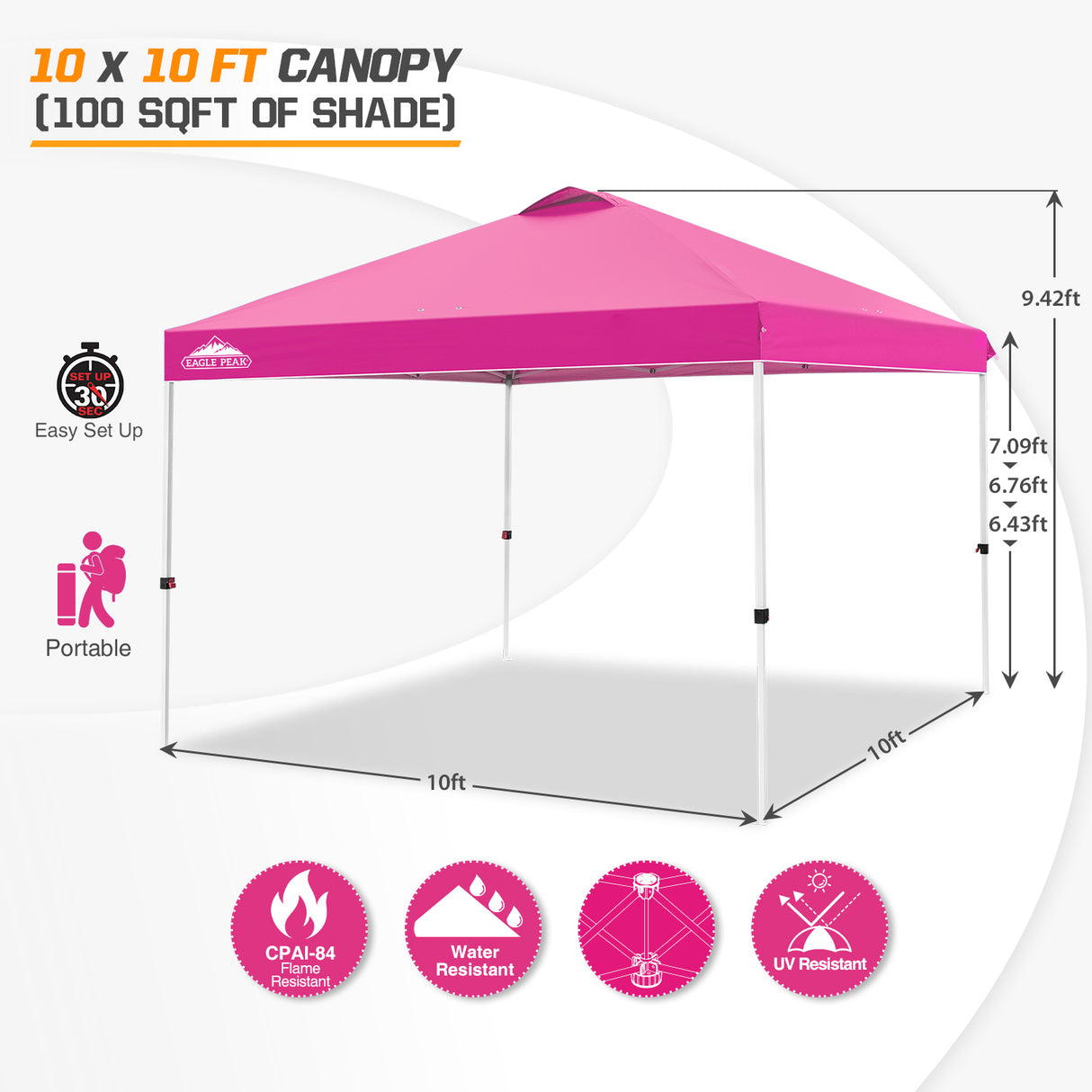 EAGLE PEAK E100/O100 Easy Setup 10x10 Straight Leg Pop Up Canopy Tent with 100 Sqft of Shade