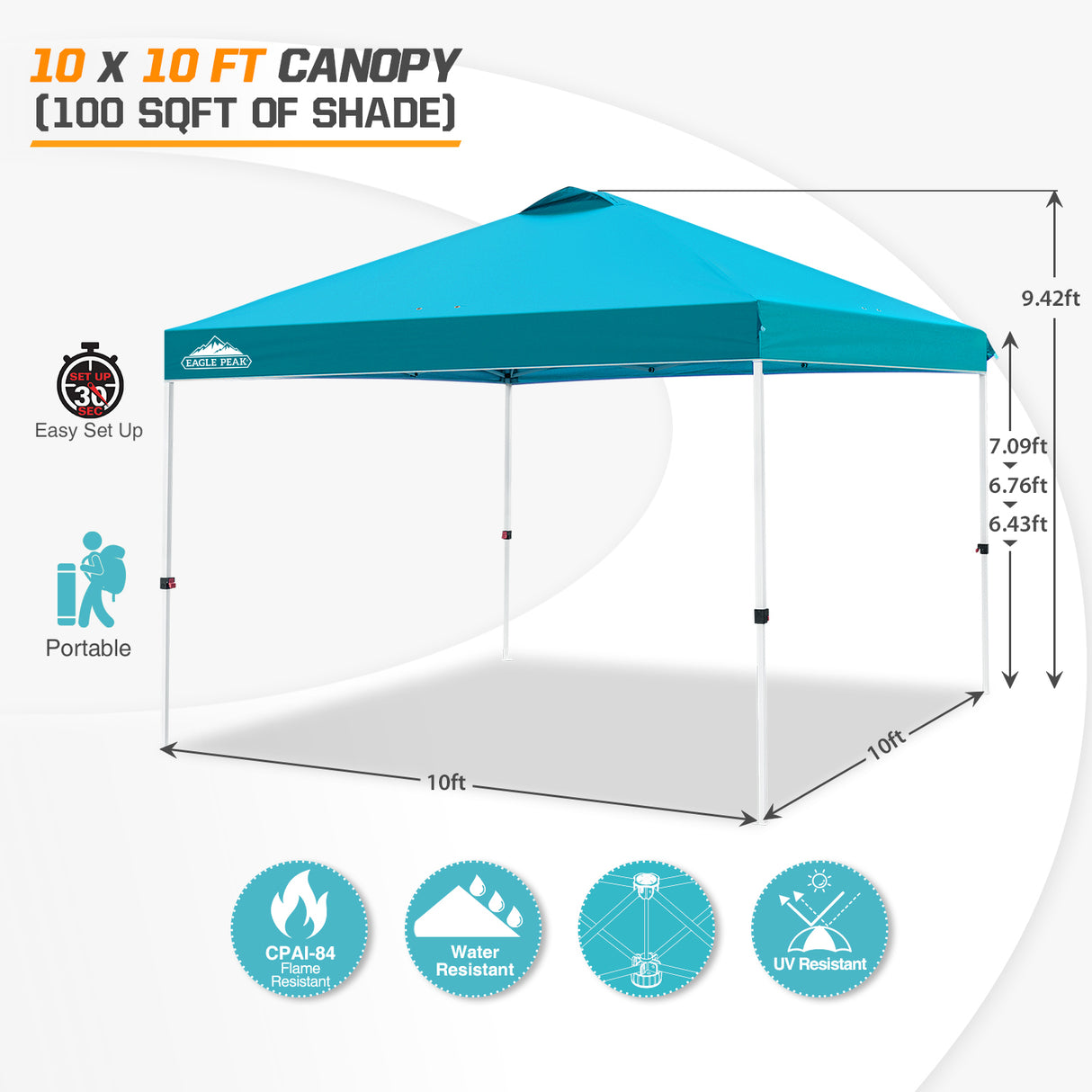 EAGLE PEAK E100/O100 Easy Setup 10x10 Straight Leg Pop Up Canopy Tent with 100 Sqft of Shade