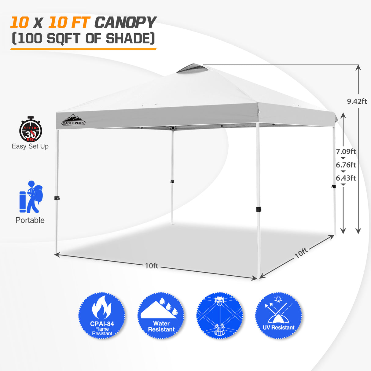 EAGLE PEAK E100/O100 Easy Setup 10x10 Straight Leg Pop Up Canopy Tent with 100 Sqft of Shade