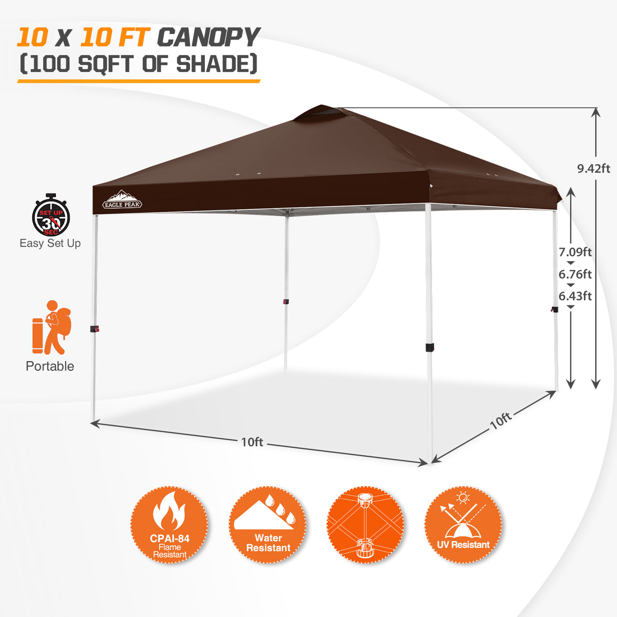 Easy Setup Straight Leg 10x10 Pop Up Canopy Tent w/ 100 sqft of Shade