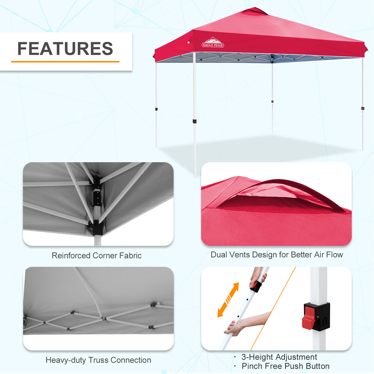 Pop Up Canopy Tent with Wheeled Carry Bag, 8 Stakes, 4 Ropes, 4 Weight Bags, 12x12 ft - Eagle Peak Custom Canopy Tent