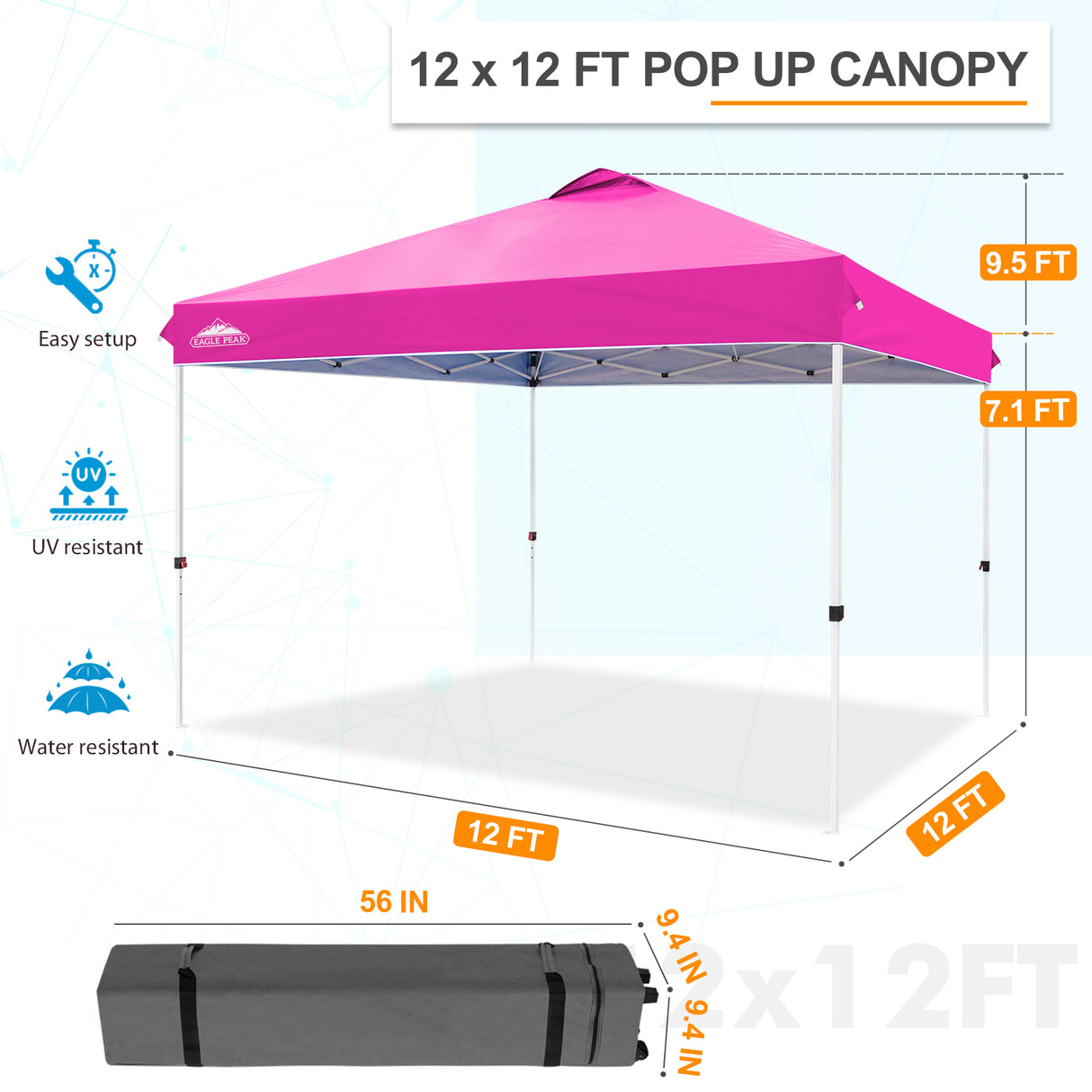 EAGLE PEAK 12x12 Pop Up Canopy Tent Instant Outdoor Canopy Easy Set - up Straight Leg Folding Shelter with Wheeled Bag, 8 Stakes, 4 Sand Bags, and 4 Ropes - Eagle Peak Canopy and Outdoor Products