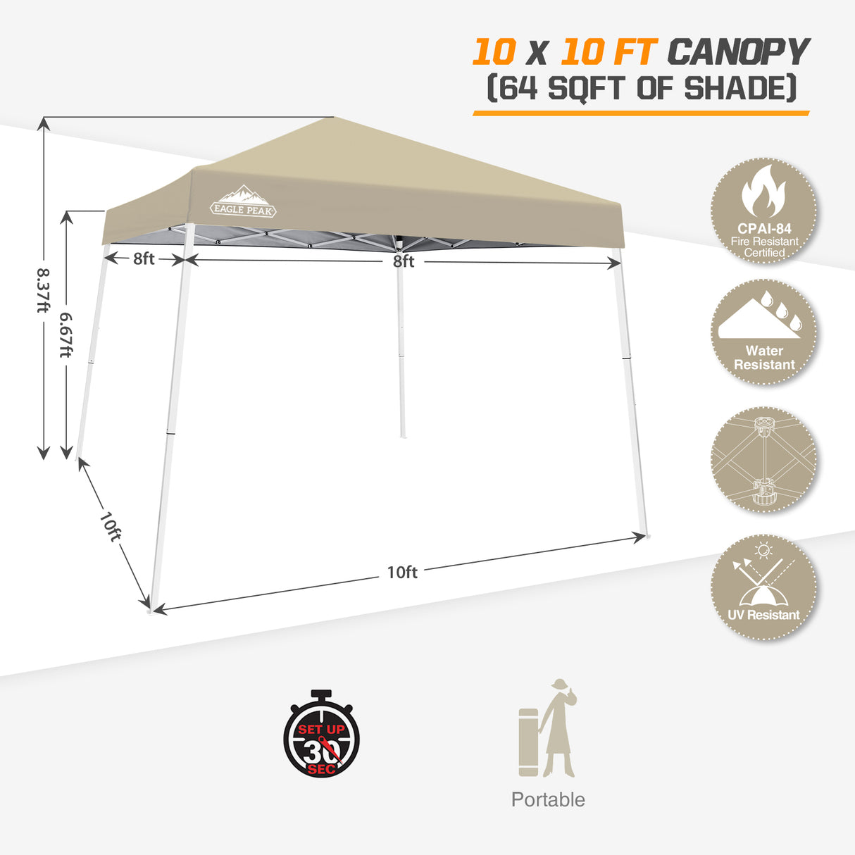 EAGLE PEAK Slant Leg Pop up Canopy Tent, 10x10 Base 8x8 Top