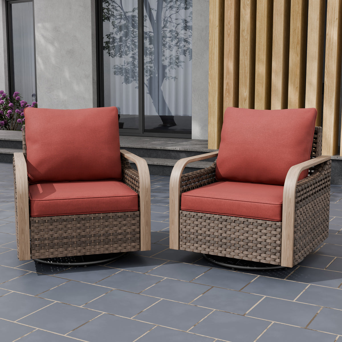 Modern Wicker Outdoor Glider Rocking Chair,2 Chairs, Brown/Gray
