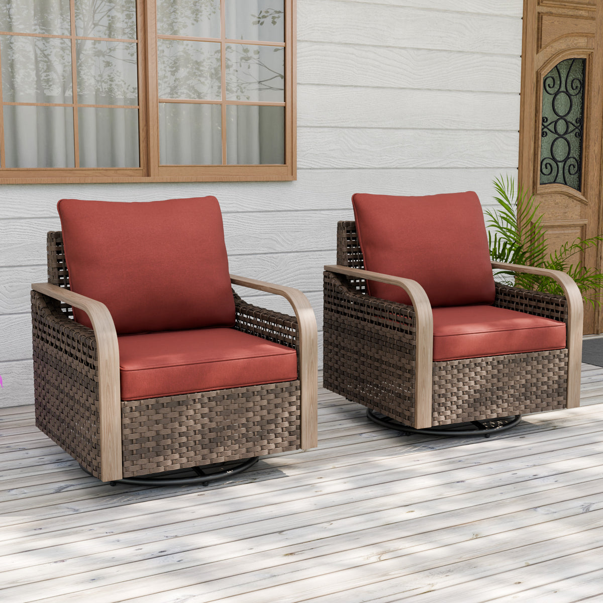 Modern Wicker Outdoor Glider Rocking Chair,2 Chairs, Brown/Gray