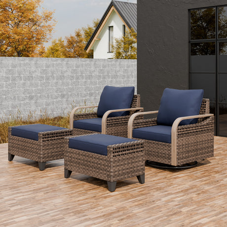 Modern Wicker Outdoor Glider Rocking Chair,2 Chairs 2 Ottomans, 4 Piece, Brown/Gray