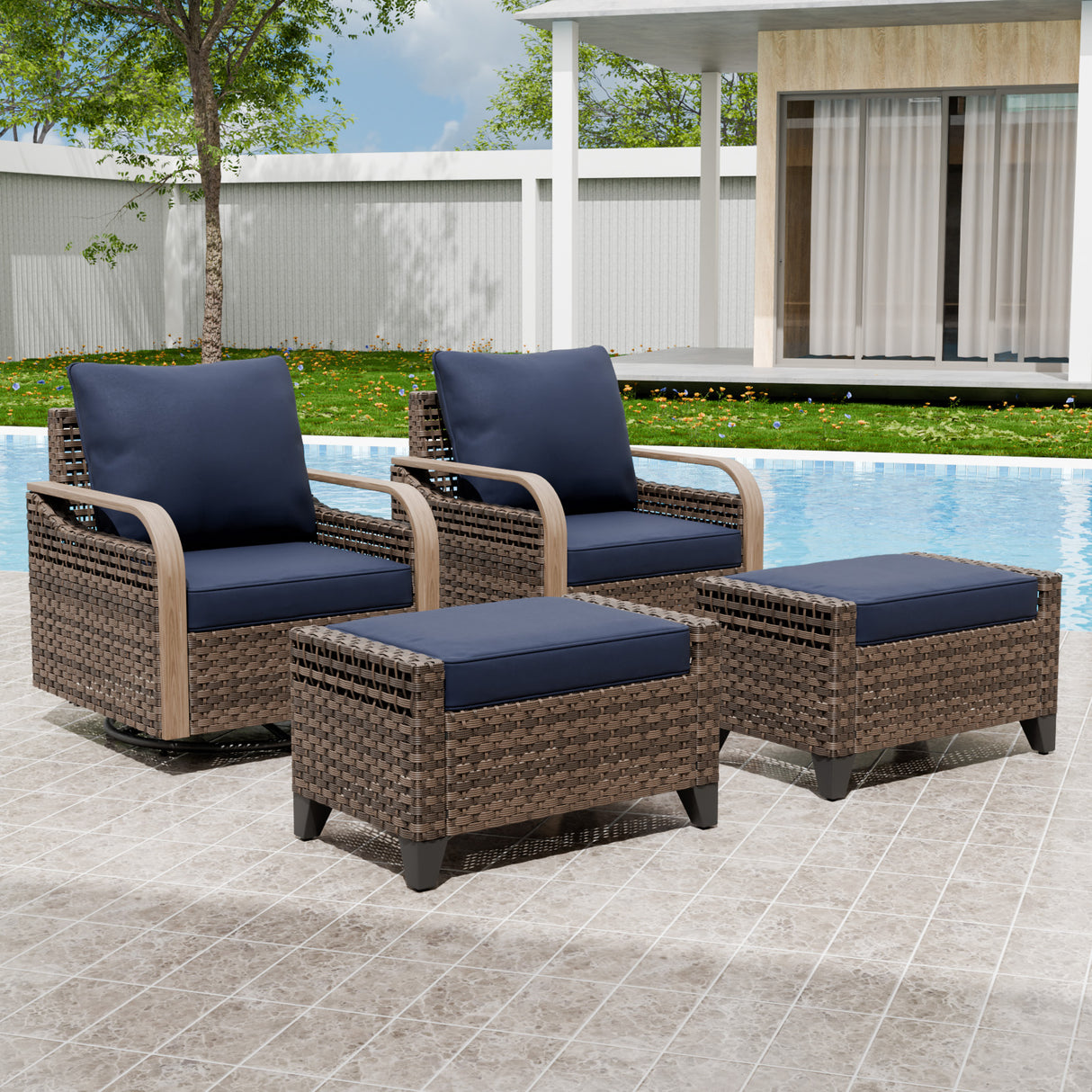 Modern Wicker Outdoor Glider Rocking Chair,2 Chairs 2 Ottomans, 4 Piece, Brown/Gray
