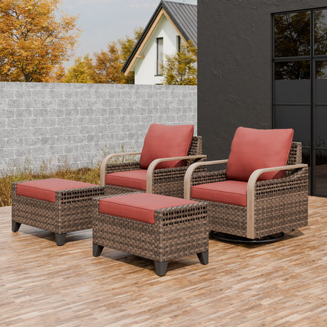 Modern Wicker Outdoor Glider Rocking Chair,2 Chairs 2 Ottomans, 4 Piece, Brown/Gray