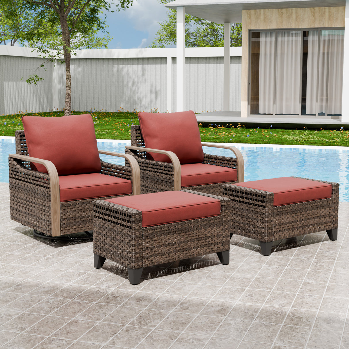 Modern Wicker Outdoor Glider Rocking Chair,2 Chairs 2 Ottomans, 4 Piece, Brown/Gray