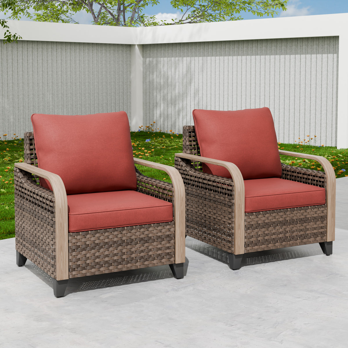 Modern Wicker Outdoor Chair, Patio Chair Curved Armrest, 2 Chairs, Brown/Gray