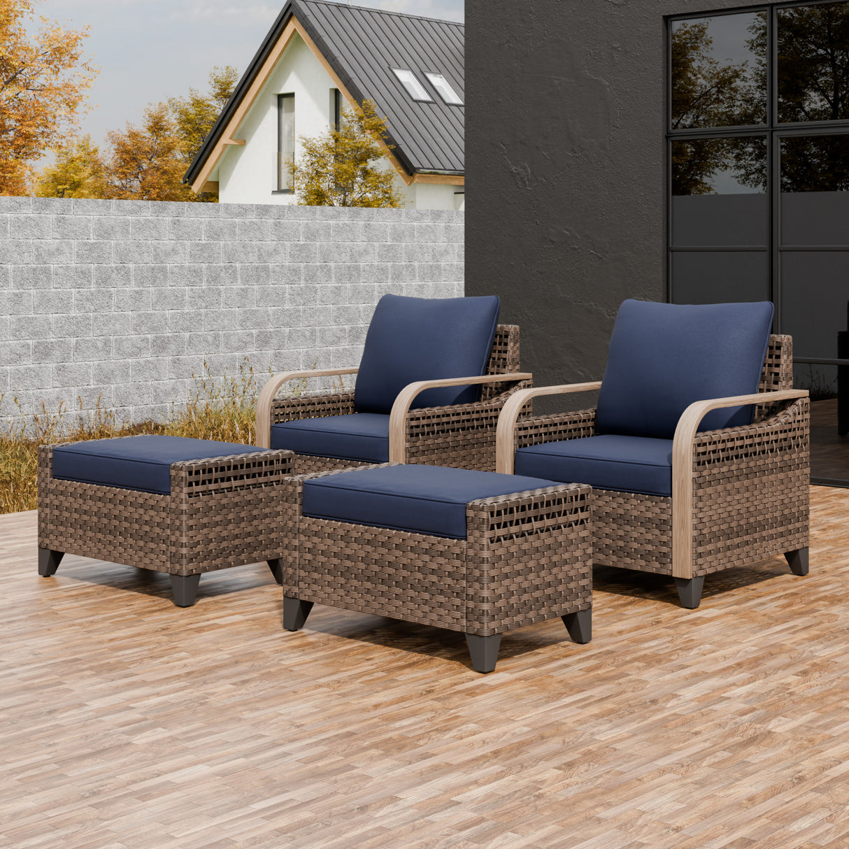 Modern Wicker Outdoor Chair,2 Chairs 2 Ottomans, 4 Pieces, Brown/Gray