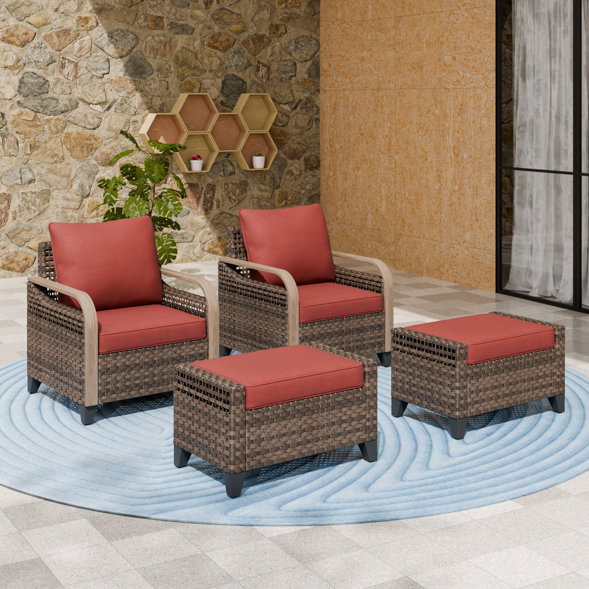 Modern Wicker Outdoor Chair,2 Chairs 2 Ottomans, 4 Pieces, Brown/Gray