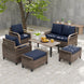 Modern Wicker Outdoor Furniture Set, 2 Patio Chairs, 2-Seat Loveseat, 2 Ottomans and Coffee Table, 6 Pieces, Brown/Gray