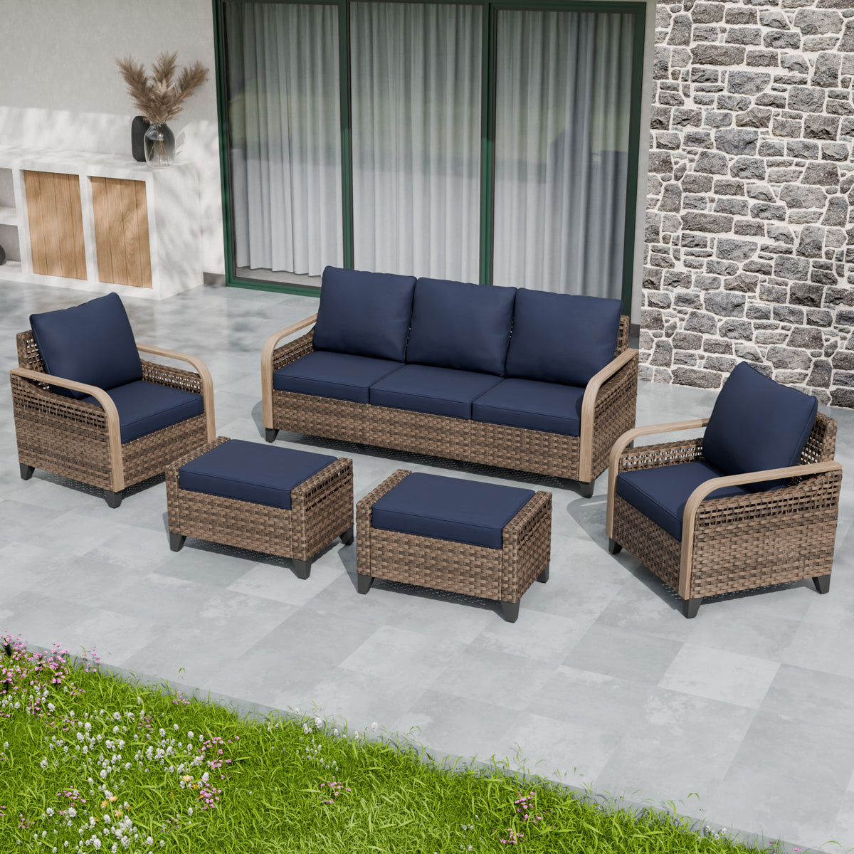 Modern Wicker Outdoor Patio Furniture Set, 2 Ottomans, 2 Patio Chairs, and 3-Seat Loveseat, 5 Pieces