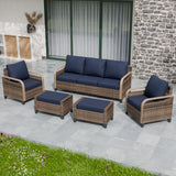 Modern Wicker Outdoor Patio Furniture Set, 2 Ottomans, 2 Patio Chairs, and 3-Seat Loveseat, 5 Pieces