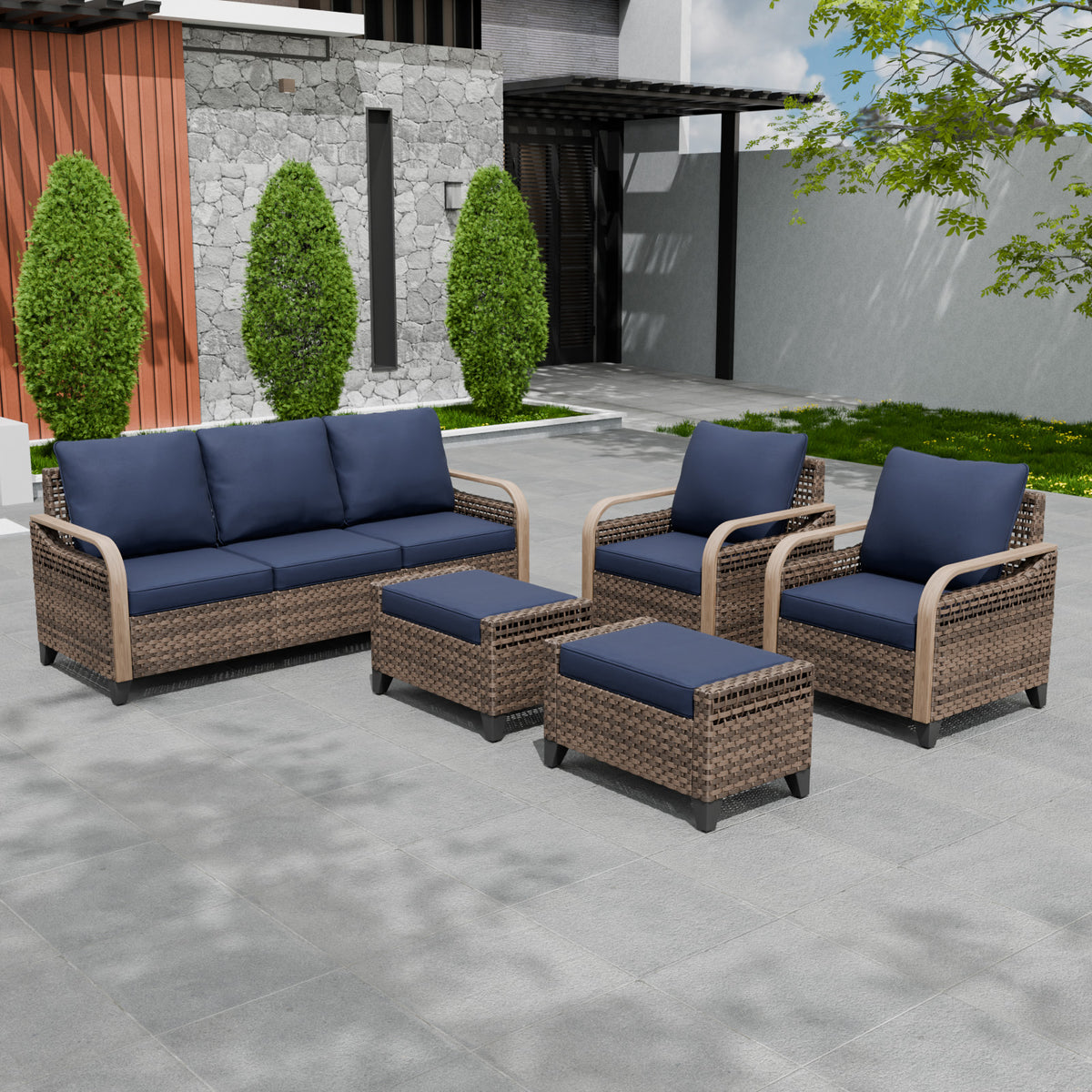 Modern Wicker Outdoor Patio Furniture Set, 2 Ottomans, 2 Patio Chairs, and 3-Seat Loveseat, 5 Pieces