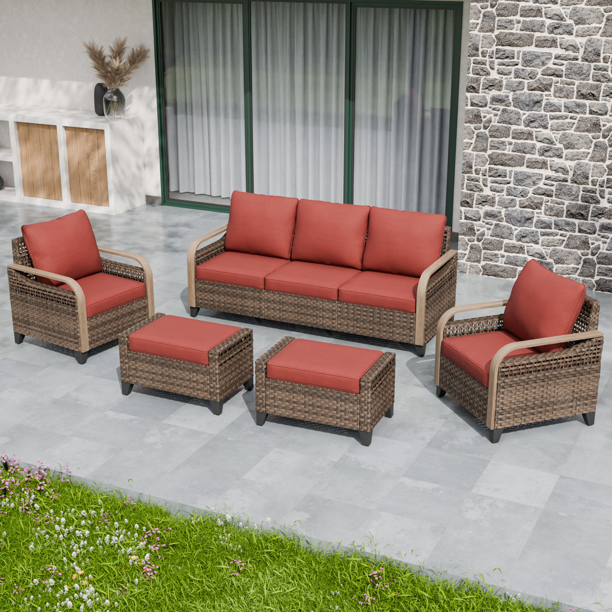 Modern Wicker Outdoor Patio Furniture Set, 2 Ottomans, 2 Patio Chairs, and 3-Seat Loveseat, 5 Pieces