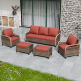 Modern Wicker Outdoor Patio Furniture Set, 2 Ottomans, 2 Patio Chairs, and 3-Seat Loveseat, 5 Pieces