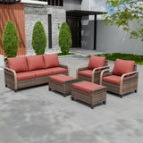 Modern Wicker Outdoor Patio Furniture Set, 2 Ottomans, 2 Patio Chairs, and 3-Seat Loveseat, 5 Pieces