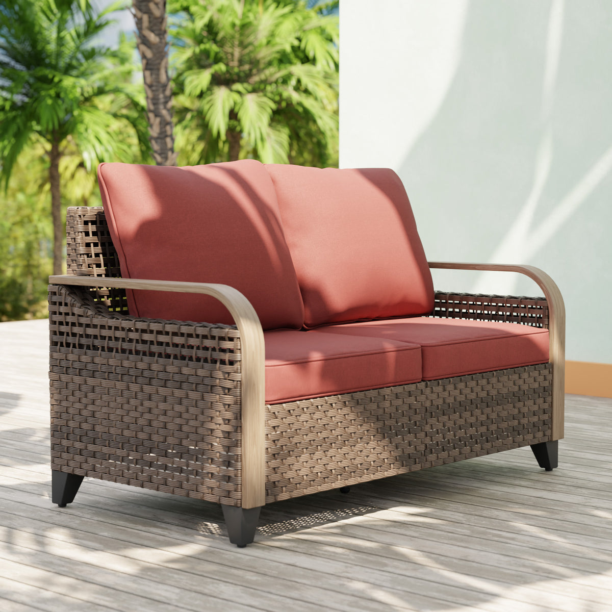 Modern Wicker Outdoor Furniture 2 Seat Loveseat Sofa , Brown/Gray