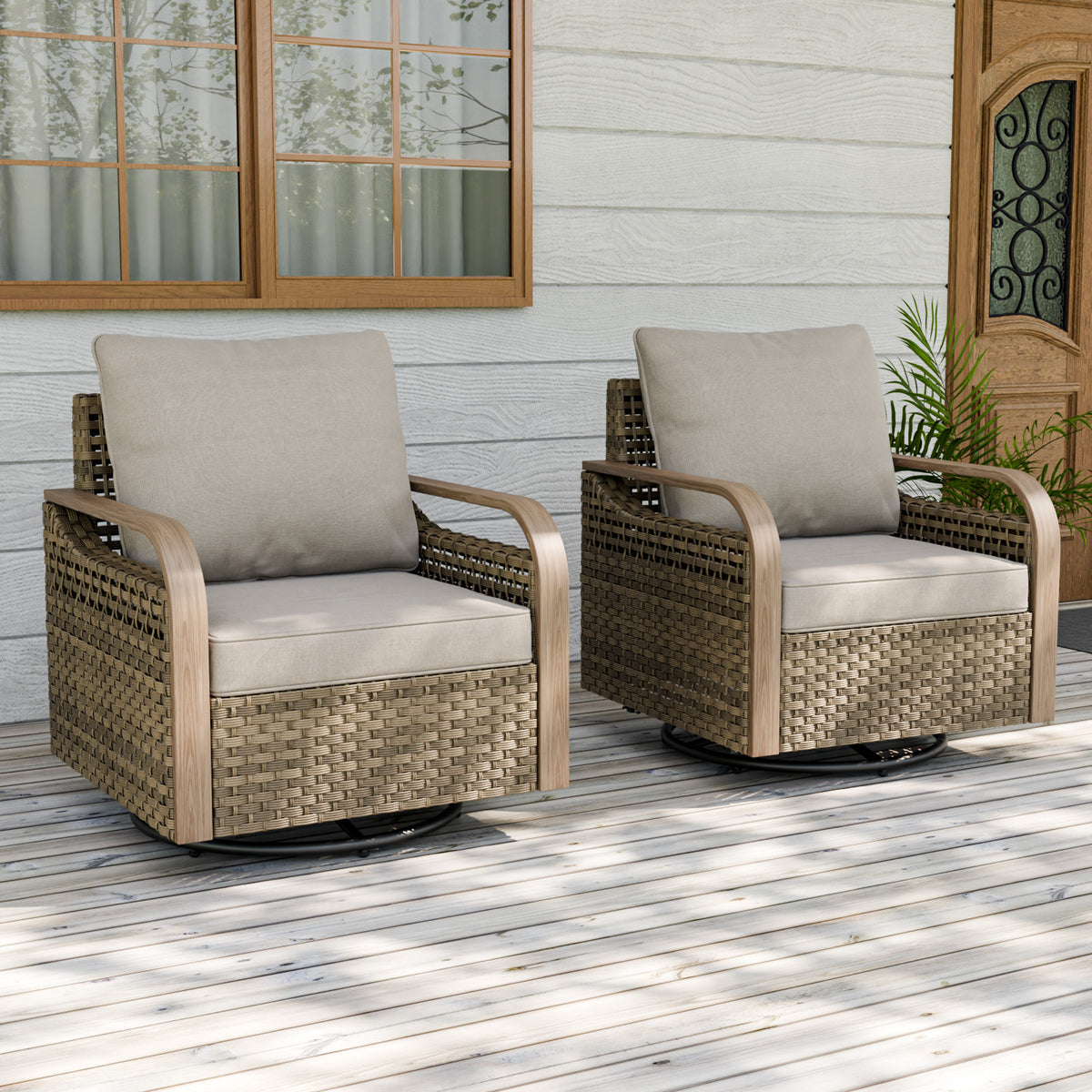 Modern Wicker Outdoor Glider Rocking Chair,2 Chairs, Brown/Gray