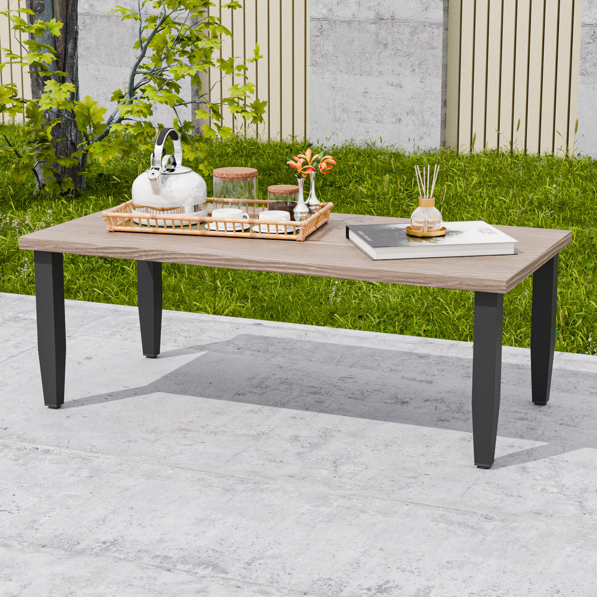 Modern Wicker Outdoor Modern Rectangle Small Patio Table, Wood Grain Top