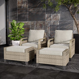 Modern Wicker Outdoor Chair,2 Chairs 2 Ottomans, 4 Pieces, Brown/Gray