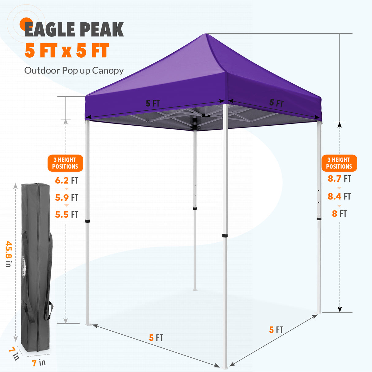 EAGLE PEAK 5x5 Pop Up Canopy Tent Instant Outdoor Canopy Easy Set-up Straight Leg Folding Shelter