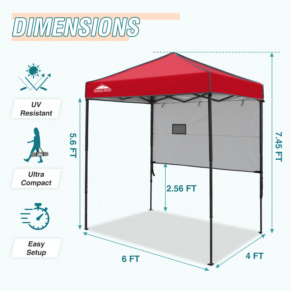 EAGLE PEAK Instant Pop Up Canopy with Adjustable Sun Wall 6x4 ft, Straight Lightweight Compact Portable Tent with Carry Bag - Eagle Peak Canopy and Outdoor Products