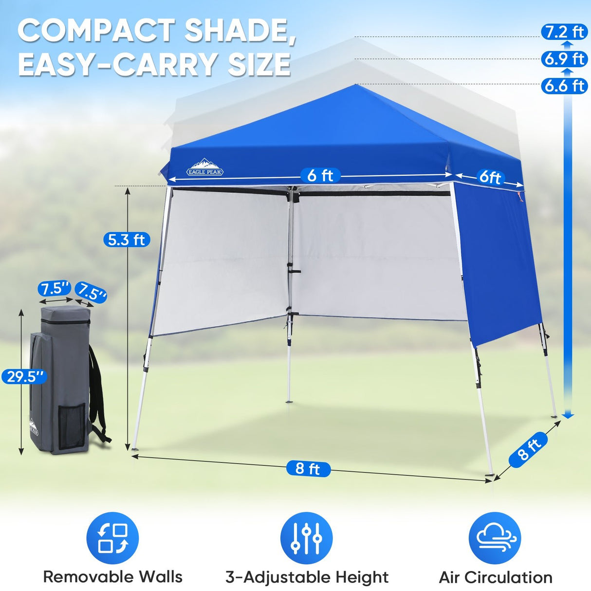 Day Tripper 8x8 Aluminum Super-Lightweight Slant Leg Pop Up Canopy with 3 Removable Walls - Eagle Peak®