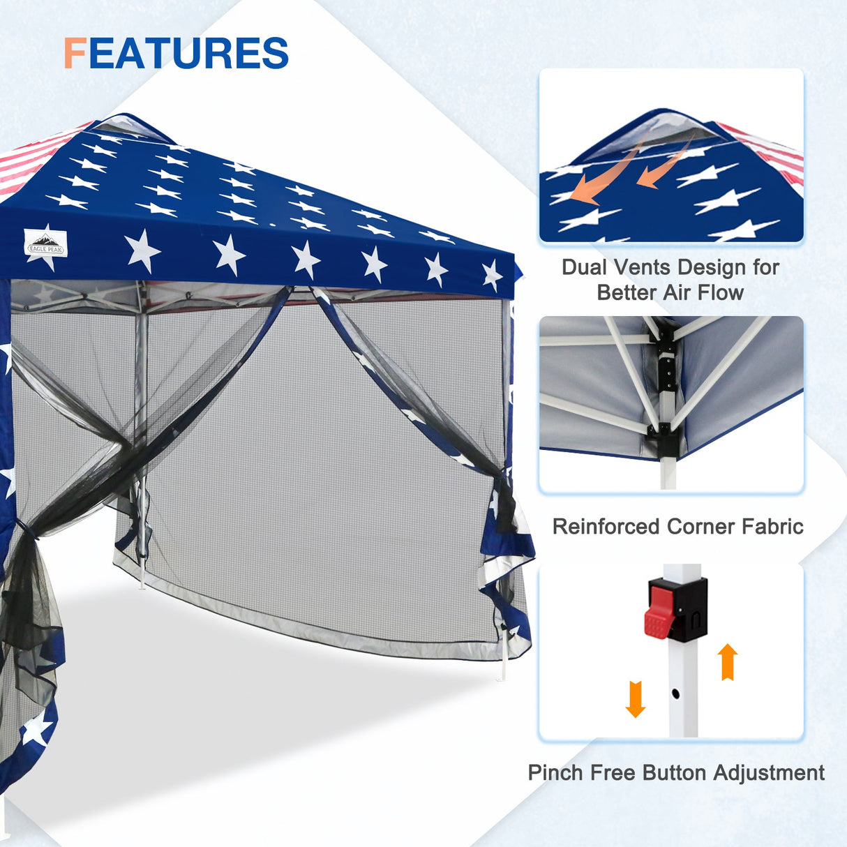 EAGLE PEAK 10x10 Outdoor Easy Pop up Canopy with Netting, Instant Screen Party Tent with Mesh Side Walls, Gray/Beige/American Flag - Eagle Peak Custom Canopy Tent