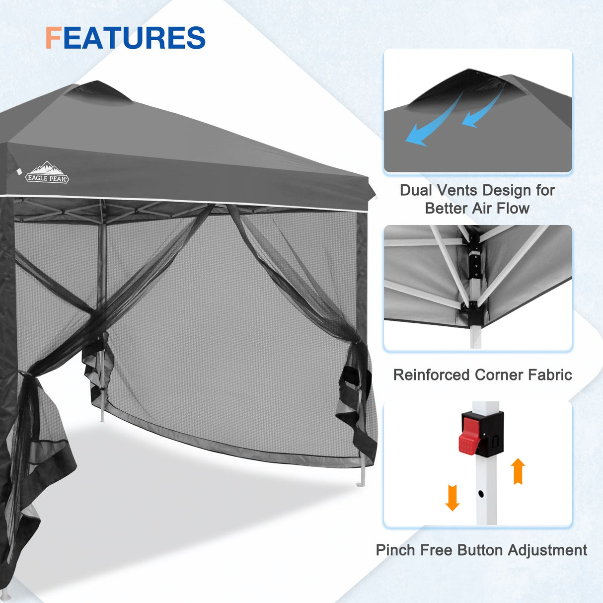 EAGLE PEAK 10x10 Outdoor Easy Pop up Canopy with Netting, Instant Screen Party Tent with Mesh Side Walls, Gray/Beige/American Flag - Eagle Peak Canopy and Outdoor Products