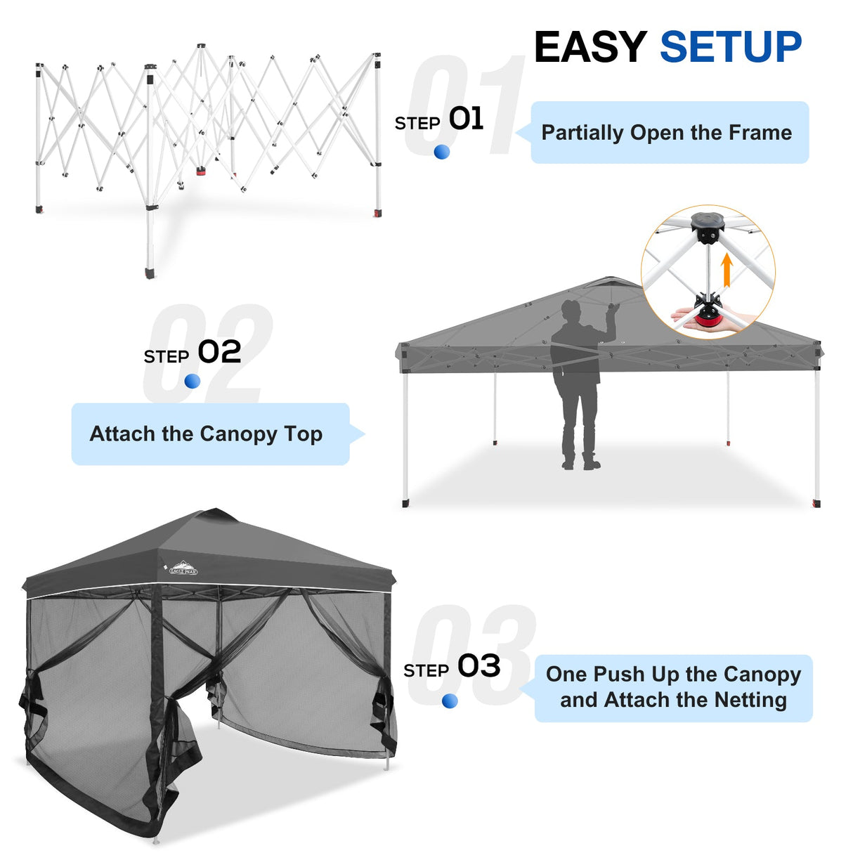 EAGLE PEAK 10x10 Outdoor Easy Pop up Canopy with Netting, Instant Screen Party Tent with Mesh Side Walls, Gray/Beige/American Flag - Eagle Peak Canopy and Outdoor Products