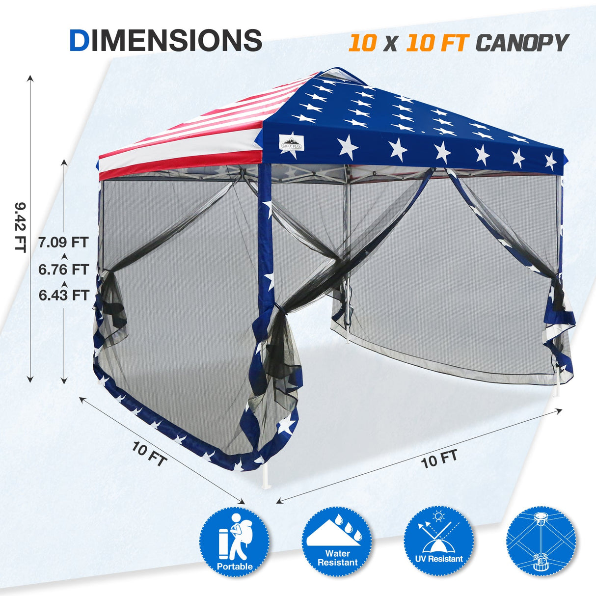 EAGLE PEAK 10x10 Outdoor Easy Pop up Canopy with Netting, Instant Screen Party Tent with Mesh Side Walls, Gray/Beige/American Flag - Eagle Peak Canopy and Outdoor Products