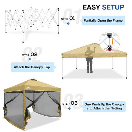 EAGLE PEAK 10x10 Outdoor Easy Pop up Canopy with Netting, Instant Screen Party Tent with Mesh Side Walls, Gray/Beige/American Flag - Eagle Peak Canopy and Outdoor Products