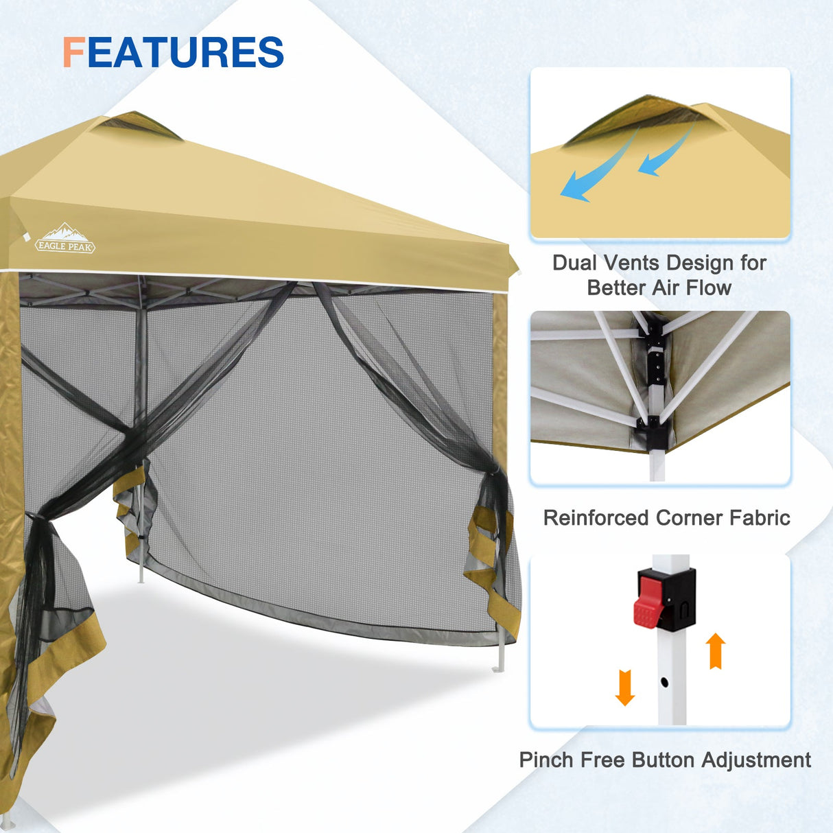 EAGLE PEAK 10x10 Outdoor Easy Pop up Canopy with Netting, Instant Screen Party Tent with Mesh Side Walls, Gray/Beige/American Flag - Eagle Peak Canopy and Outdoor Products