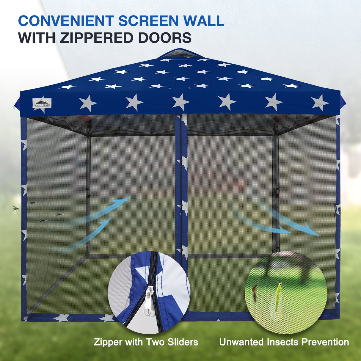 EAGLE PEAK 10x10 Outdoor Easy Pop up Canopy with Netting, Instant Screen Party Tent with Mesh Side Walls, Gray/Beige/American Flag - Eagle Peak Custom Canopy Tent