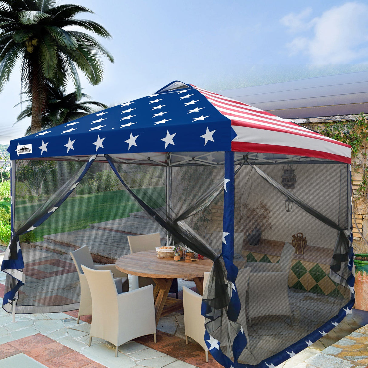 EAGLE PEAK 10x10 Outdoor Easy Pop up Canopy with Netting, Instant Screen Party Tent with Mesh Side Walls, Gray/Beige/American Flag - Eagle Peak Custom Canopy Tent