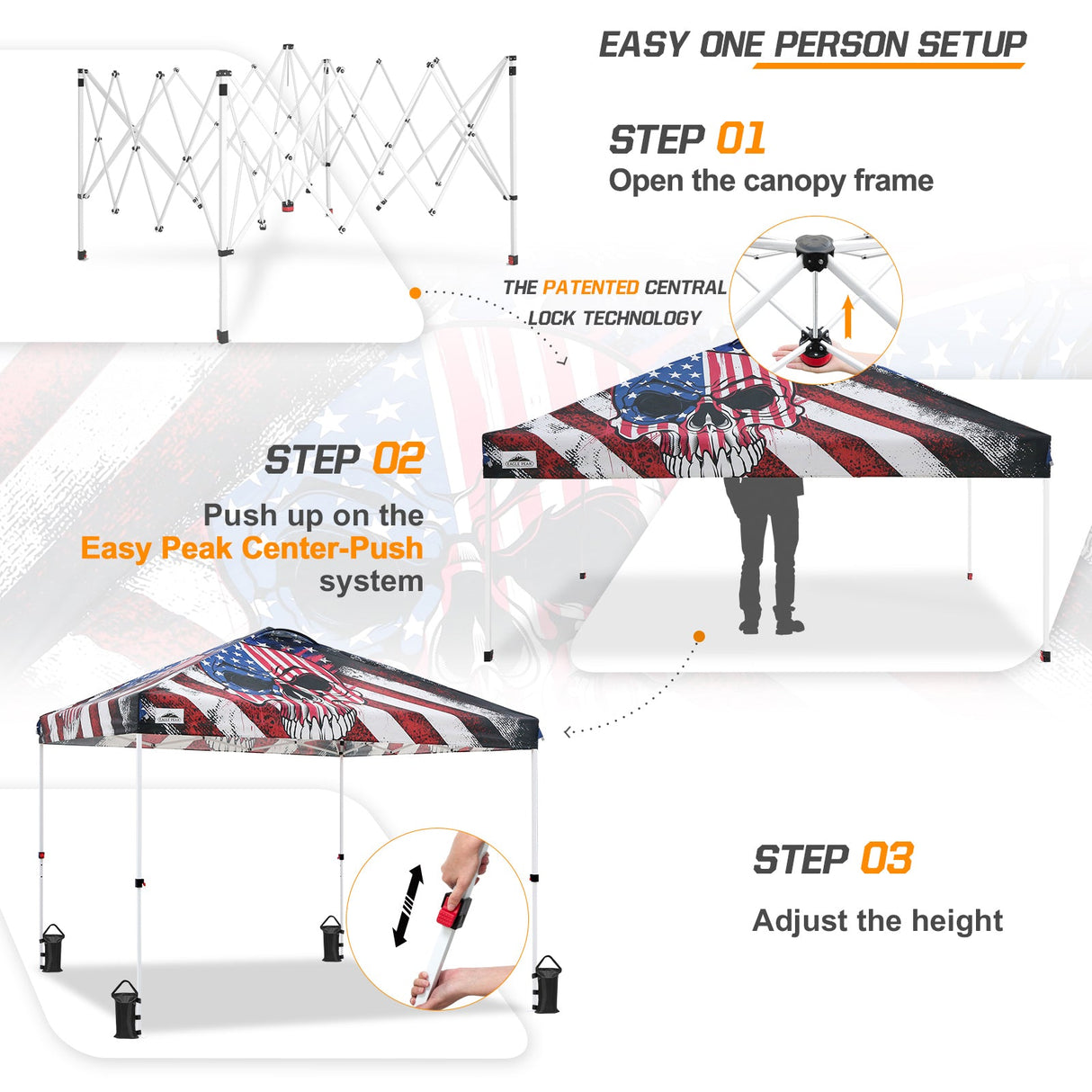 EAGLE PEAK 10x10 Pop Up Canopy, Straight Leg Pop Up Tent, 100 Square Feet of Shade, Americana Skull - Eagle Peak Custom Canopy Tent